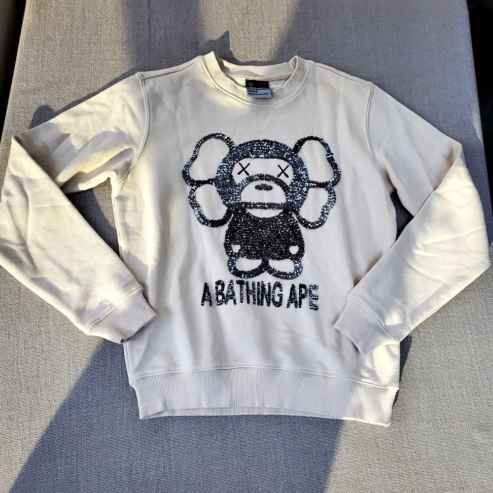 Bape Cream Crewneck Sweater with Black Graphic
